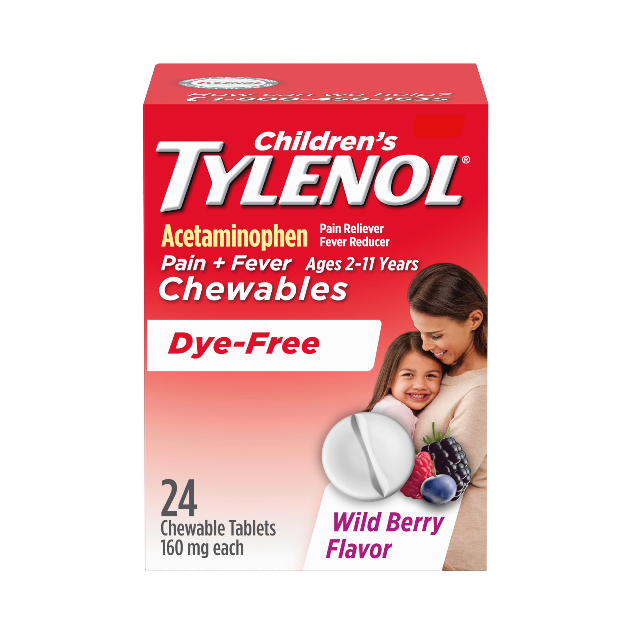 (2 pack) Children's Tylenol Dye-Free Chewable Acetaminophen, Wild Berry, 24 Count