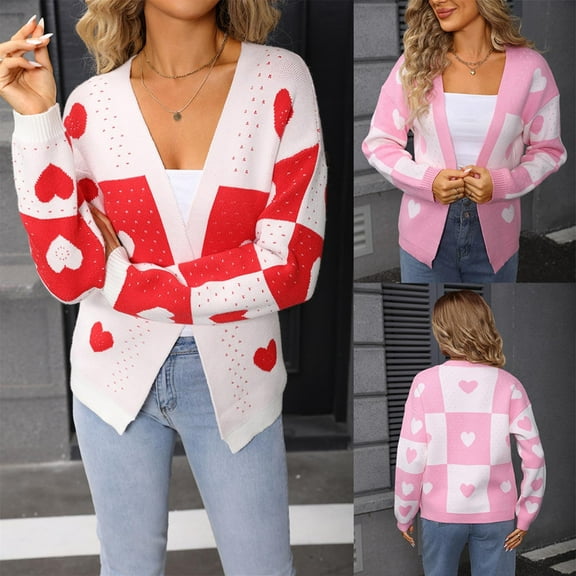 Karight Womens Long Sleeve Front Button Y2K Cardigan Sweater Crochet Cute Love Heart Print Valentine V Neck Outerwear Coat