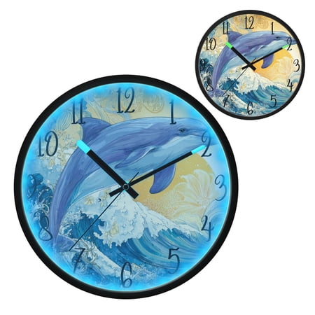 Blue Dolphin Luminous Wall Clock with Sound-Activated LED 12-Inch Silent Acrylic Timepiece for Bedroom Livingroom or Office