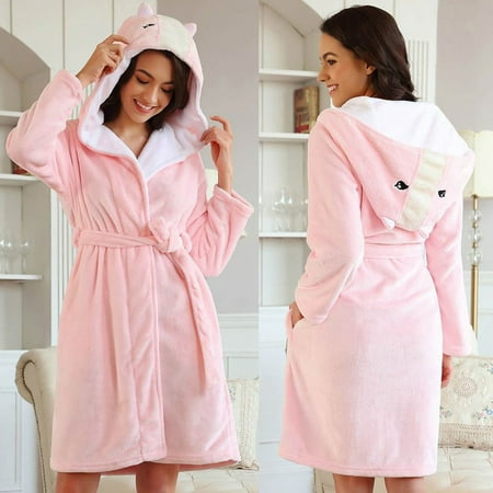 

STEADY Women Lovely Animal Design Hooded Coral Fleece Bathrobe Sleepwear Night-robe