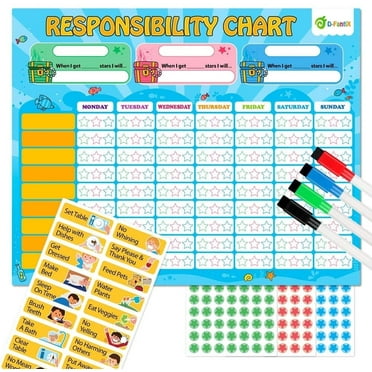 D-FantiX Magnetic Responsibility & Chore Chart – Dry Erasable Reward Chart for Multiple Kids, Includes 20 Behavior Magnets & 3 Sheets of 30 Star Magnets