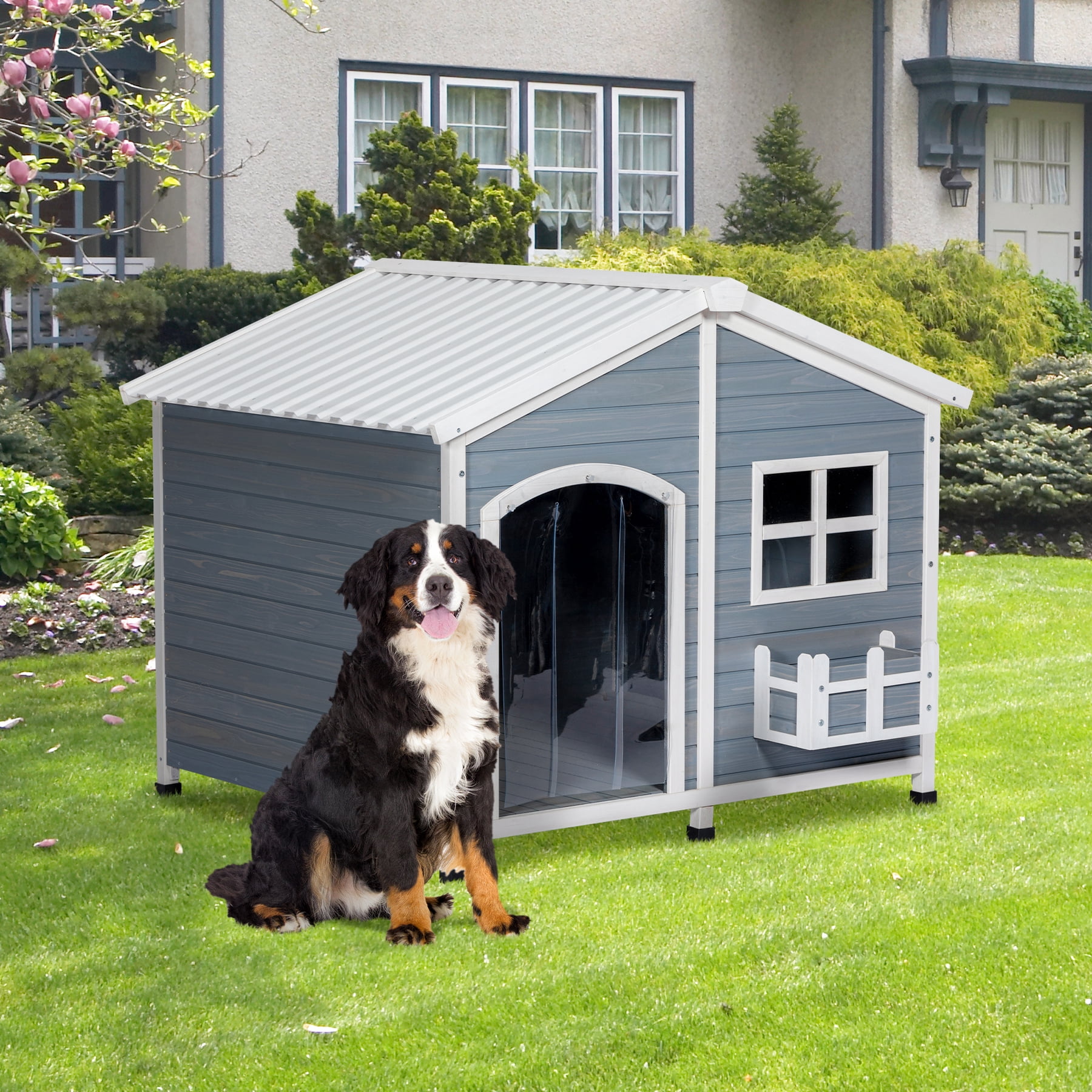 Petsfit 47" Dog House Outdoor with Waterproof PVC Roof, Extra Large Dog House for 2 Medium Dogs, Dog House Outdoor Large Breed, XXL Dog Houses with Window, Gray