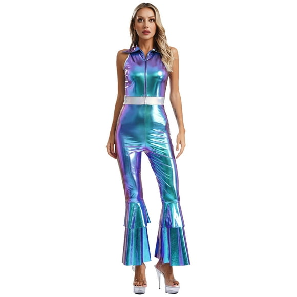 Aislor Disco Costumes Fancy Dress for Women Shiny Metallic 70s Jumpsuit Lapel Sleeveless Hippie Romper Blue L
