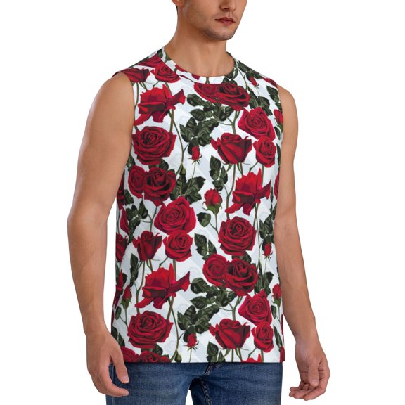 Fotbe Men's Rose Flowers Print Men's Sleeveless Muscle Tank Tops Casual T-Shirts for Gym Workout Beach-Medium