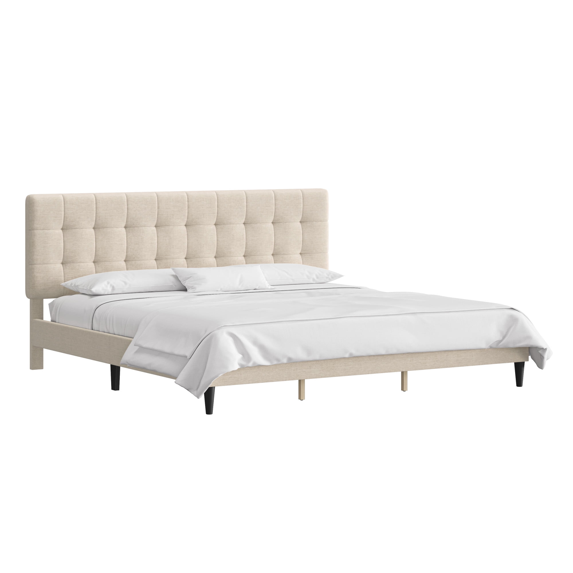 Mainstays Hillside Square Tufted Upholstered King Platform Bed, Ivory Fabric