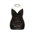 thumbnail image 4 of Femmes Paillettes Paillettes Mini Robe Sans Manches Spaghetti Sangle Wrap Bodycon Robe Sparkle Club Soirée Robe Noire M, 4 of 6