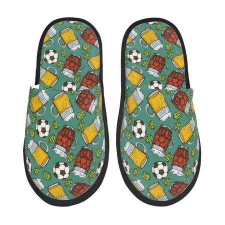 Balery Beer And Soccer Slient Indoor Furry Fleece Comfort House Shoes Soft Non-Slip Home Shoes Cotton slippers House Slippers-- Large