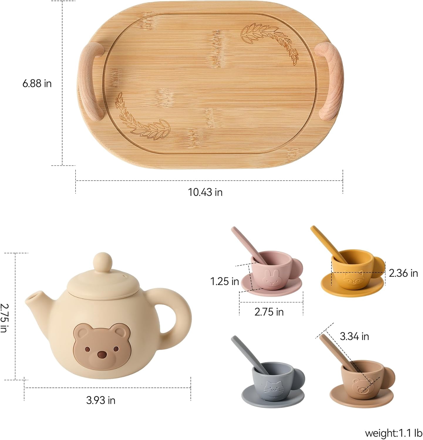 HYPERLIVING Tea Party Set for Little Girls 1-3 Kids Tea Set with Silicone Teapot Cups Coasters Carrying Scoop Wooden Tray, Kitchen Accessories Pretend Play for Girls Boys Age 3 4 5 (15 Pcs)