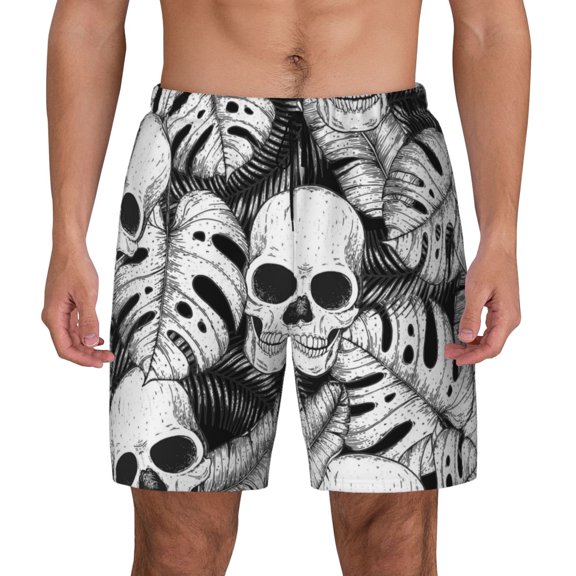 Kdxio Skull And Palm Leaves Print Men'S Swim Trunks With Compression Liner 7 Inch Inseam Quick Dry Swim Shorts