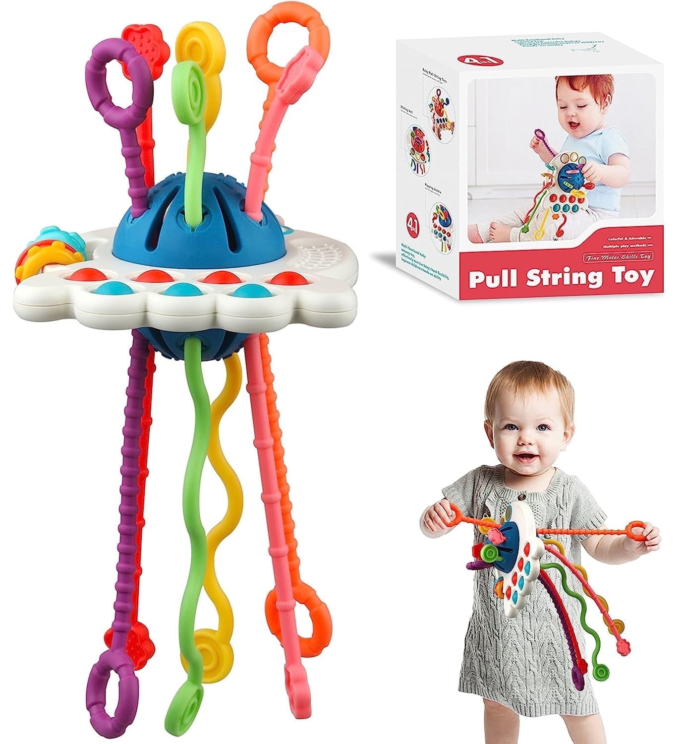 BEEPRINCESS Baby Sensory Toys 0-18 Months, All-in-One Montessori Travel Toy with Pull String Activity, Develops Fine Motor Skills for Infants & 1 Year Olds