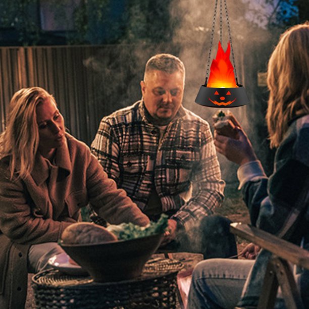 Lámpara de llama de calabaza de Halloween, adornos decorativos, simulación de fuego LED, olla con soporte de cadena, dos en uno