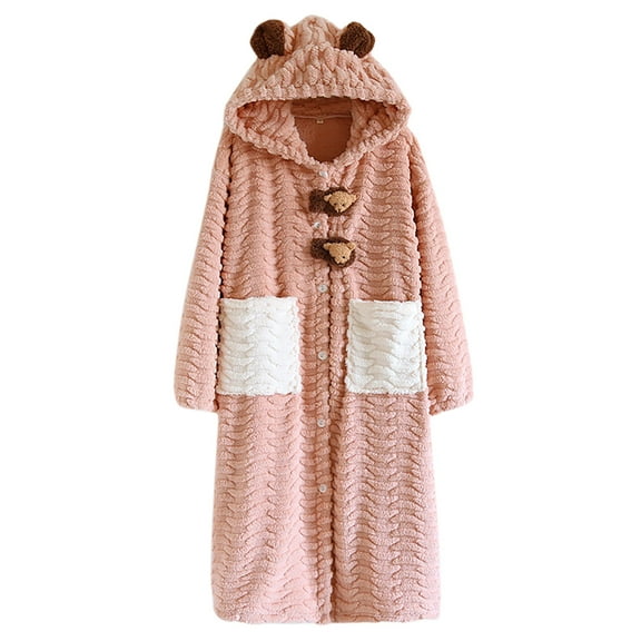 Women's Flannel Robe Fuzzy Terry Cloth Robes Animal Ear Hooded Long Sleeve Soft Plush Bathrobe Cute Fleece Pajamas, Pink, M