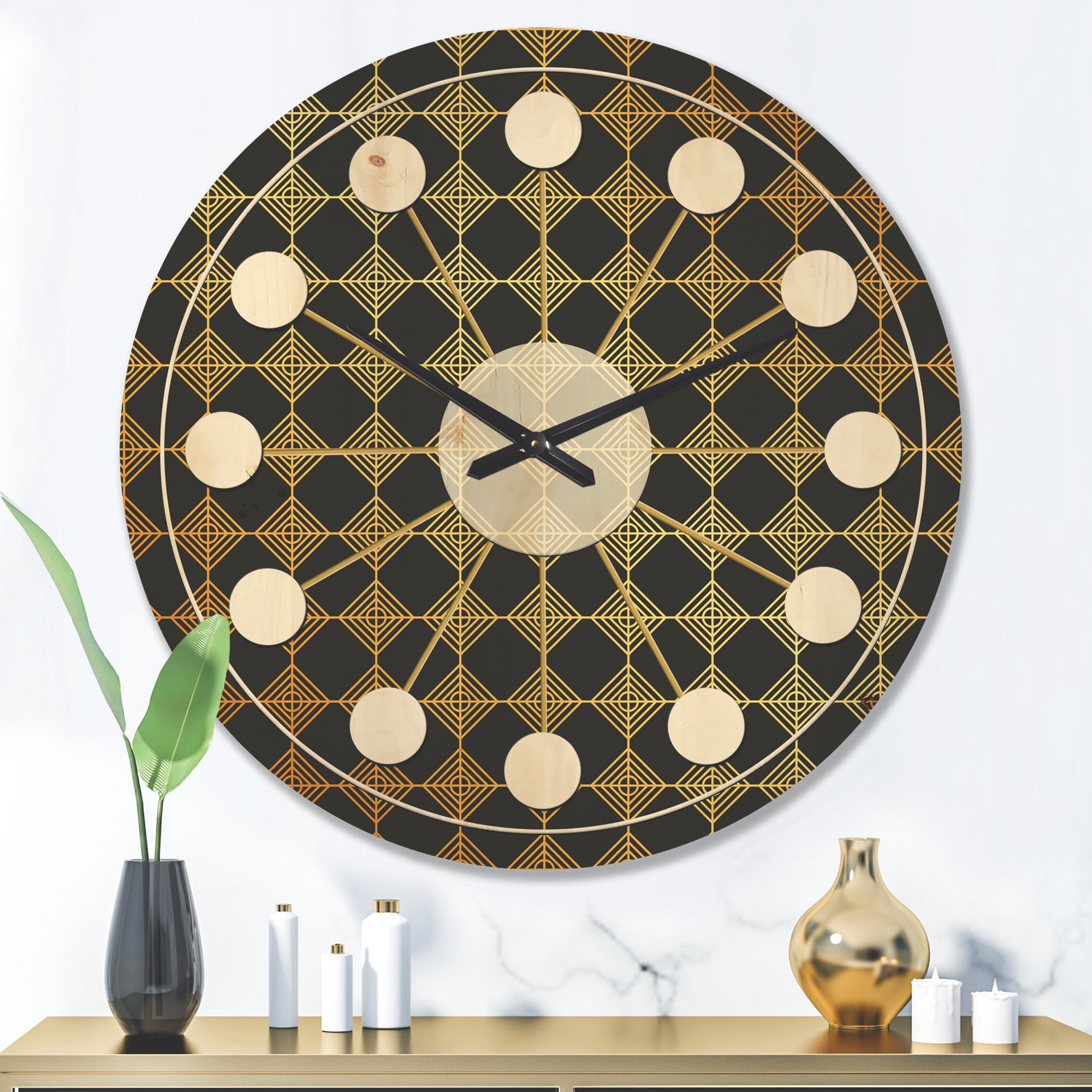 Designart 'Metallic Golden Luxury Geometrics XII I' Mid-Century Modern Wood Wall Clock