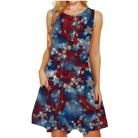 Jophufed 4Th of July Independence Day American Flag Print Midi Patriotic Beach Sundress,Women Fashion Summer Casual Sexy Sleeveless Round Neck Dress