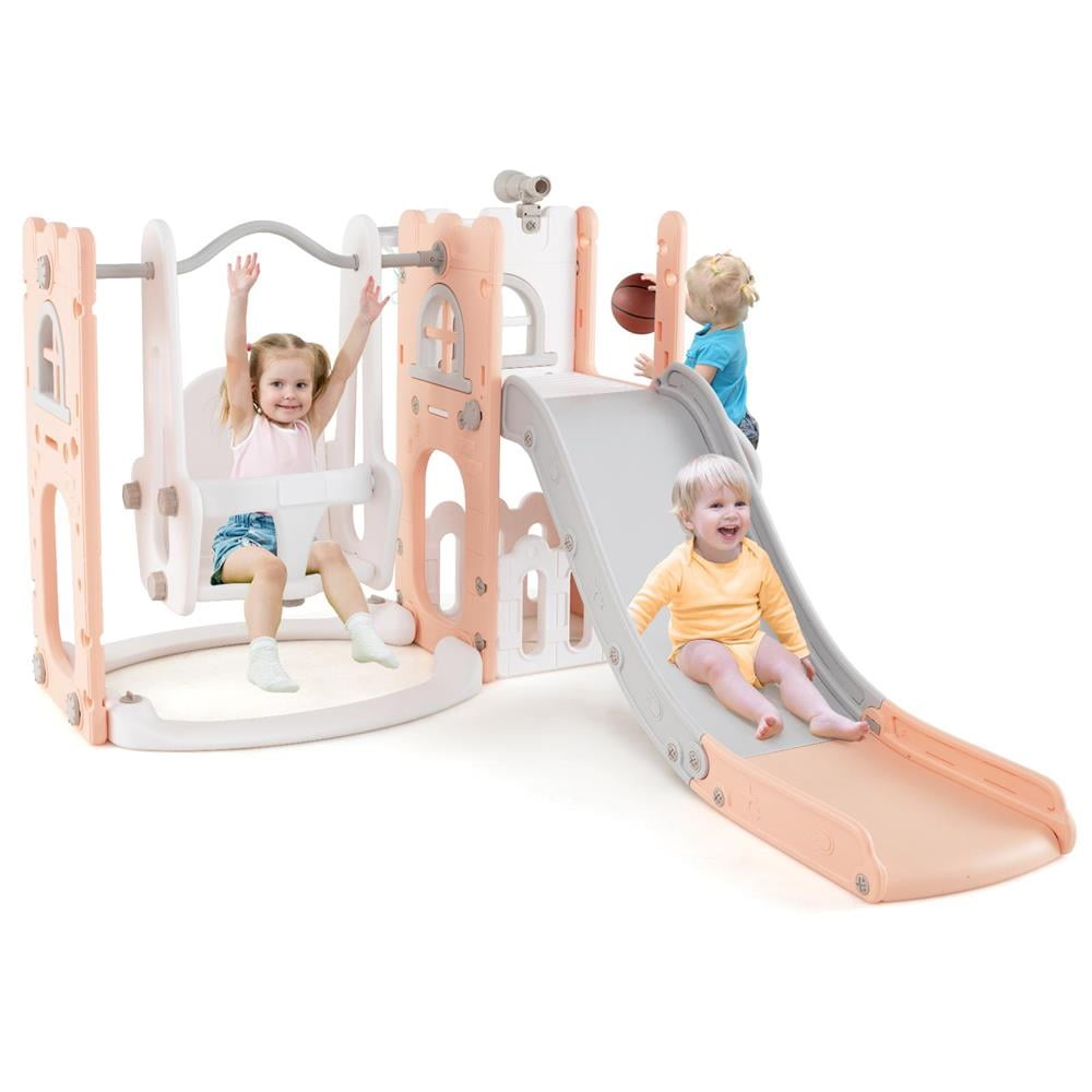 Topcobe 7-in-1 Toddler Swing and Slide Set L-shaped with Hoop, Children's Gifts for Birthday Holidays-Pink