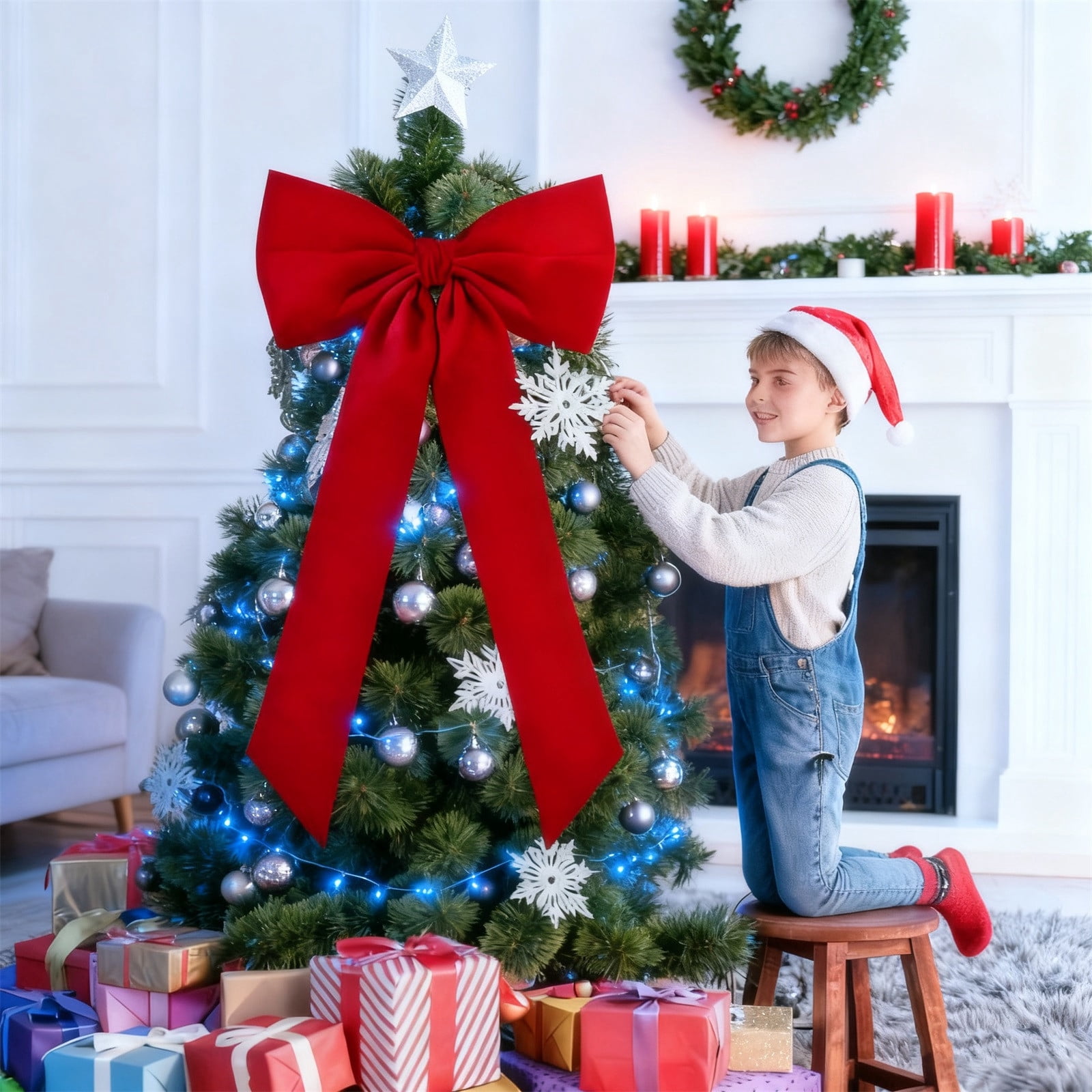 Hvmvliv Large Velvet Christmas Bow 80x40cm - Oversized Tree Topper with Flexible Wire Ribbons, Perfect for Mantel, Staircase & Front Door Holiday Decor Red
