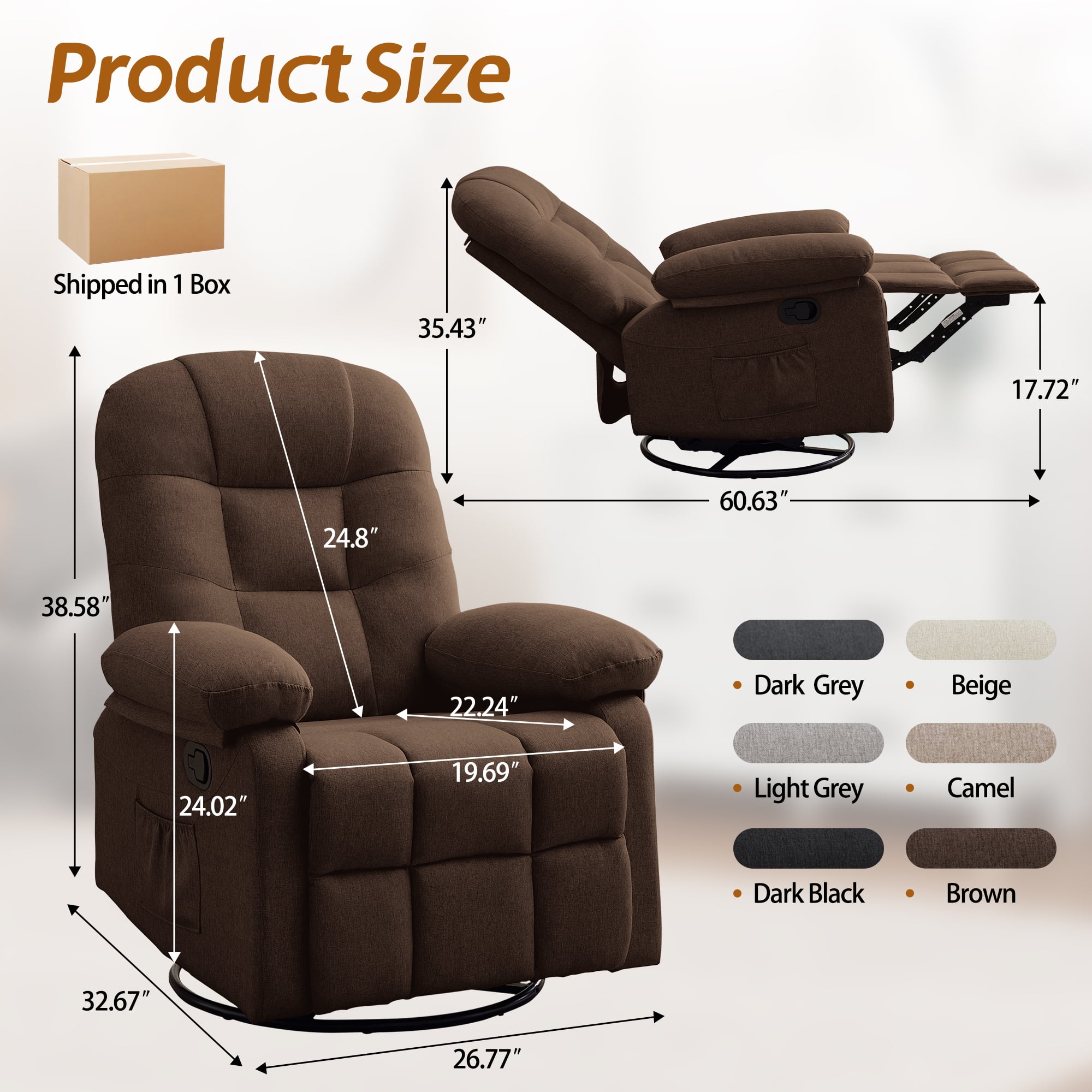 Korser Manual Swivel Rocker Recliner Chair for Living Room,Small Recliner Sofa for Small Spaces,Linen Fabric,Brown