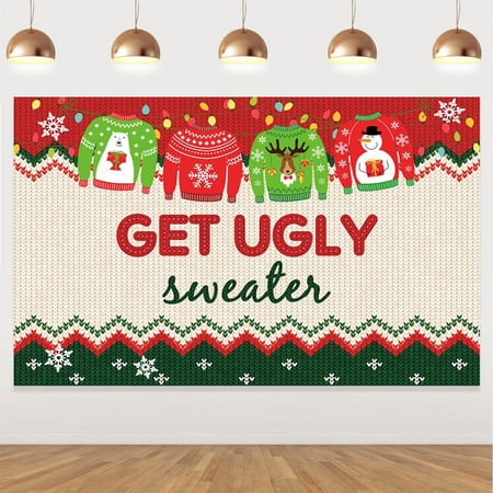 Image of Ugly Sweater Party Supplies Large Fabric Red and Green Ugly Xmas Sweater Party Backdrop for Ugly Sweater Christmas Party Decoration Winter Kids Elfed Photo Booth Background Banner
