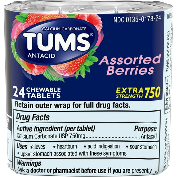 TUMS Antacid Chewable Tablets for Heartburn Relief, Extra Strength, Assorted Berries, 3-Rolls of 8 Tablets