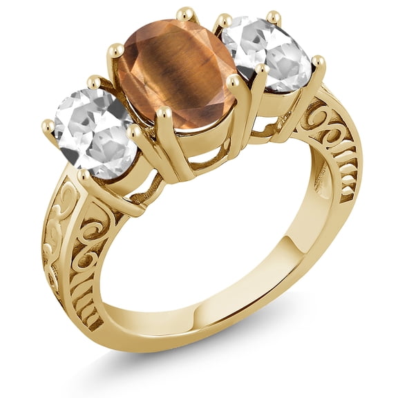 Gem Stone King 3.50 Ct Brown Tiger Eye White Created Sapphire 18K Yellow Gold Plated Silver Ring (Size 7)