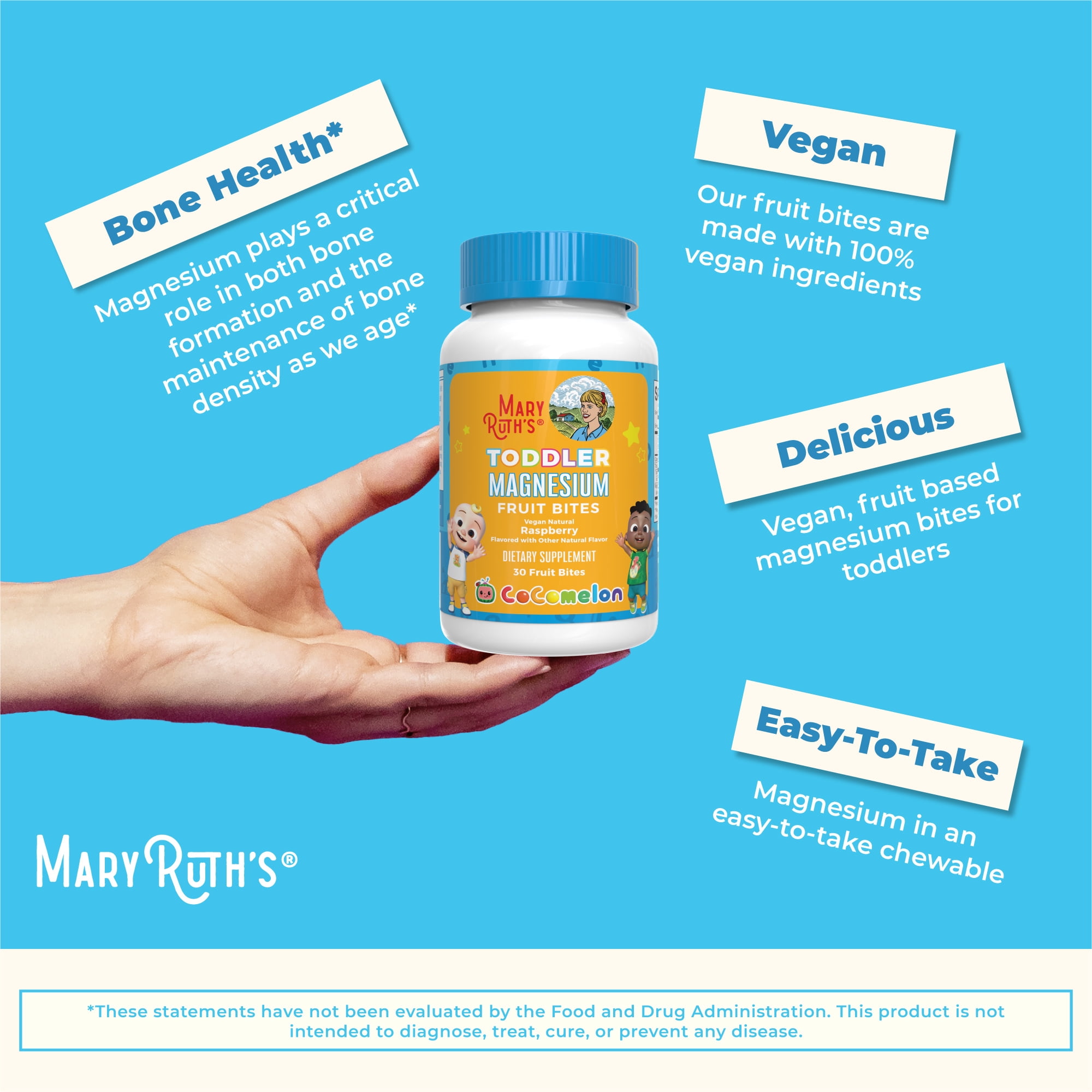 MaryRuth Organics Cocomelon Toddler Magnesium Fruit Bites, Calcium Absorption and Gut Health for Children's Health, 30 Count