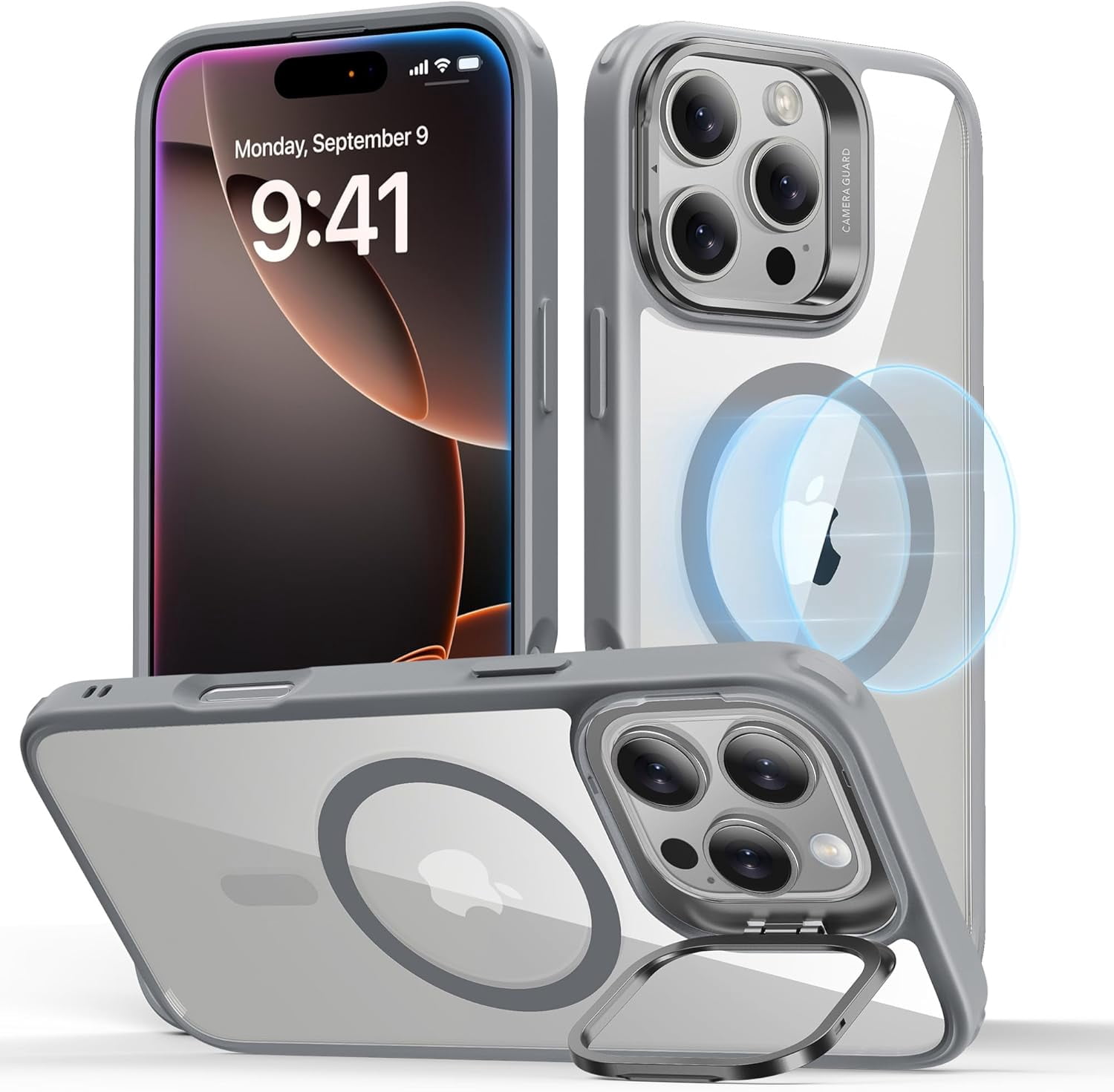 MHAWBL-for iPhone 16 Pro Max Case, Compatible with MagSafe, Military-Grade Protective Case, Built-in Stash Stand Phone Case, Scratch-Resistant Back Cover, Classic Series, Clear Grey