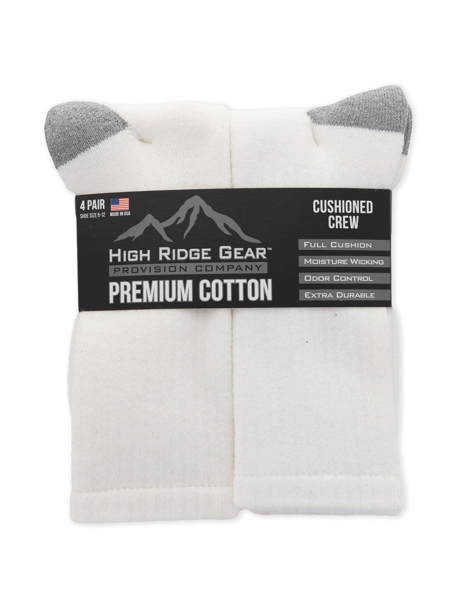 High Ridge Gear Men's Premium Cotton Crew Socks, 4 Pack