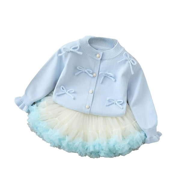 FAOWME Big Kids Girls Outfit Two Piece Long Sleeve Bow Design Buttons Knit Cardigan And Mesh Skirt Comfortable Fashion Sets For Casual Daily Wear Light Blue 3-4 Years