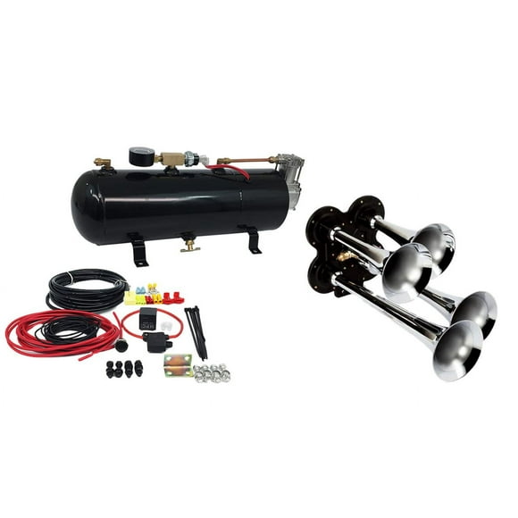 MPC 4 Trumpet Train Air Horn Kit - Fits Almost Any Vehicle: Truck, Car, Jeep, SUV. Includes Four Chrome Trumpets with All-In-One Air System: 110 PSI, 12-Volt Air Compressor, Tank, & More. Complete Kit