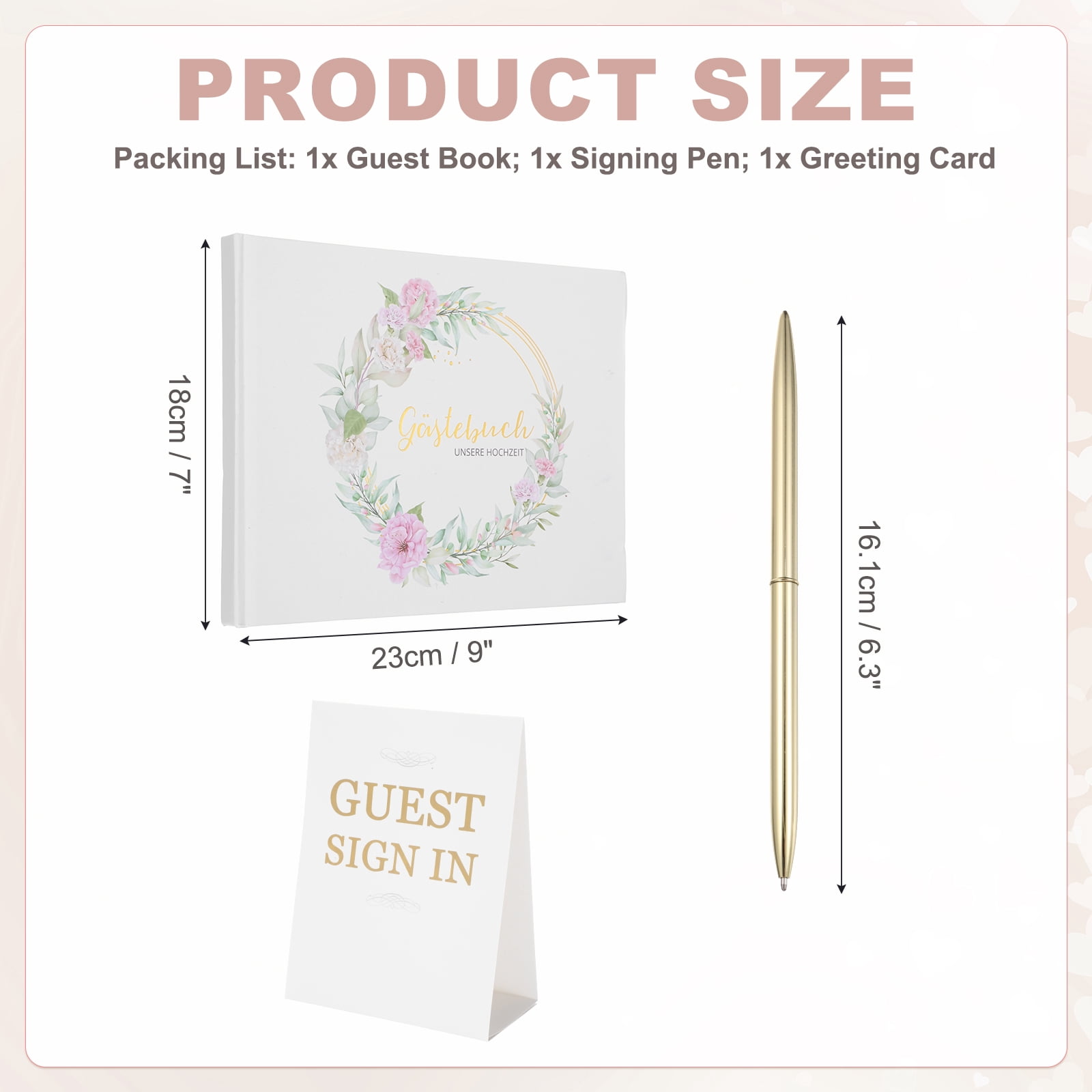 Uxcell Guest Book, 9x7" Elegant Wedding Guestbook Golden Cover Memory Book with Diamond Signing Pen and Greeting Card for Wedding Bridal Shower Birthday Party Events, Gold Tone