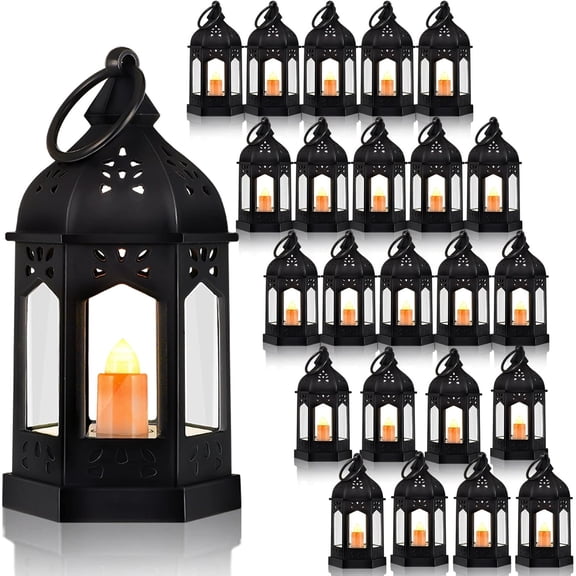 24 Pcs Halloween Mini Vintage LED Lantern for Centerpiece Wedding D rative Lantern with Flickery Candle Battery Powered Festival Hanging Tealight Ramadan Christmas Party D r(Black)