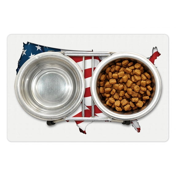 World Map Pet Mat for Food and Water, Graphic United States Flag American Federations Stars National Print, Non-Slip Rubber Mat for Dogs and Cats, 18" X 12", by Ambesonne