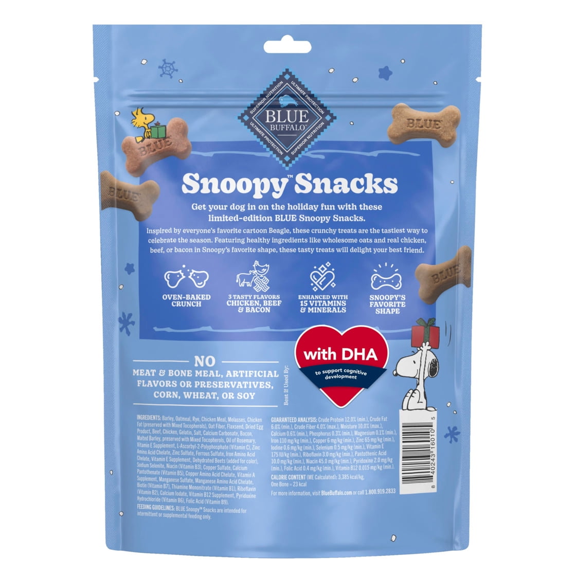 (4 pack) Blue Buffalo Snoopy Snacks Crunchy Dog Treats, Assorted Flavors, Small, 16oz. Bag