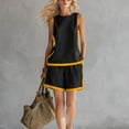 thumbnail image 5 of Women's Summer Casual 2 Piece Outfits Color Block Trim Sleeveless Crewneck Tank Tops and Wide Leg Shorts Sets Lounge Beach Vacation Sets Black, 5 of 6