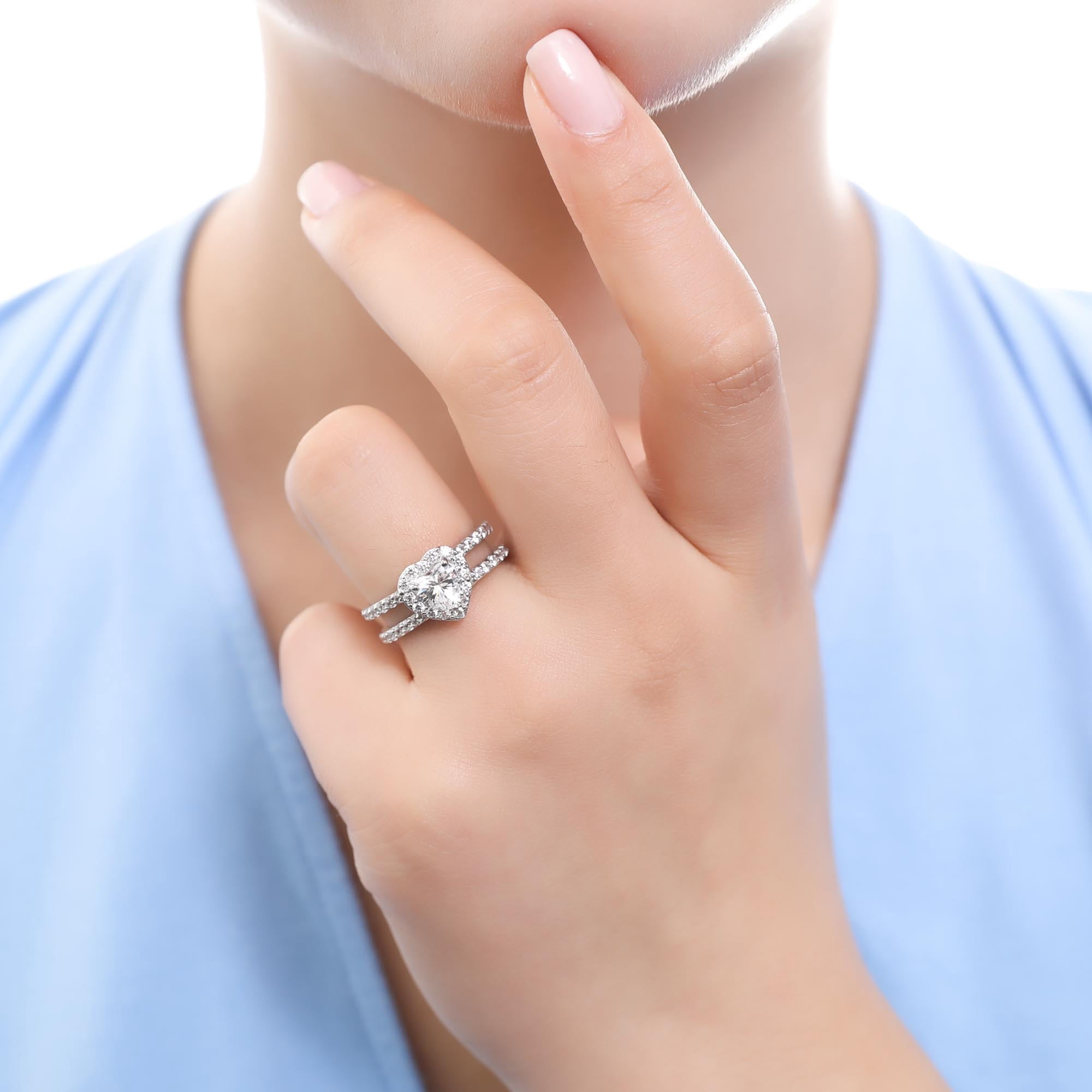 BERRICLE Sterling Silver Halo Wedding Engagement Rings Heart Shaped Cubic Zirconia CZ Heart Insert Ring Set for Women, Rhodium Plated Size 8.5
