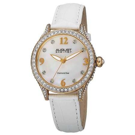 Swarovski White Leather - August Steiner Women's Quartz Swarovski Crystals & Diamond Leather White Strap Watch with FREE Bangle