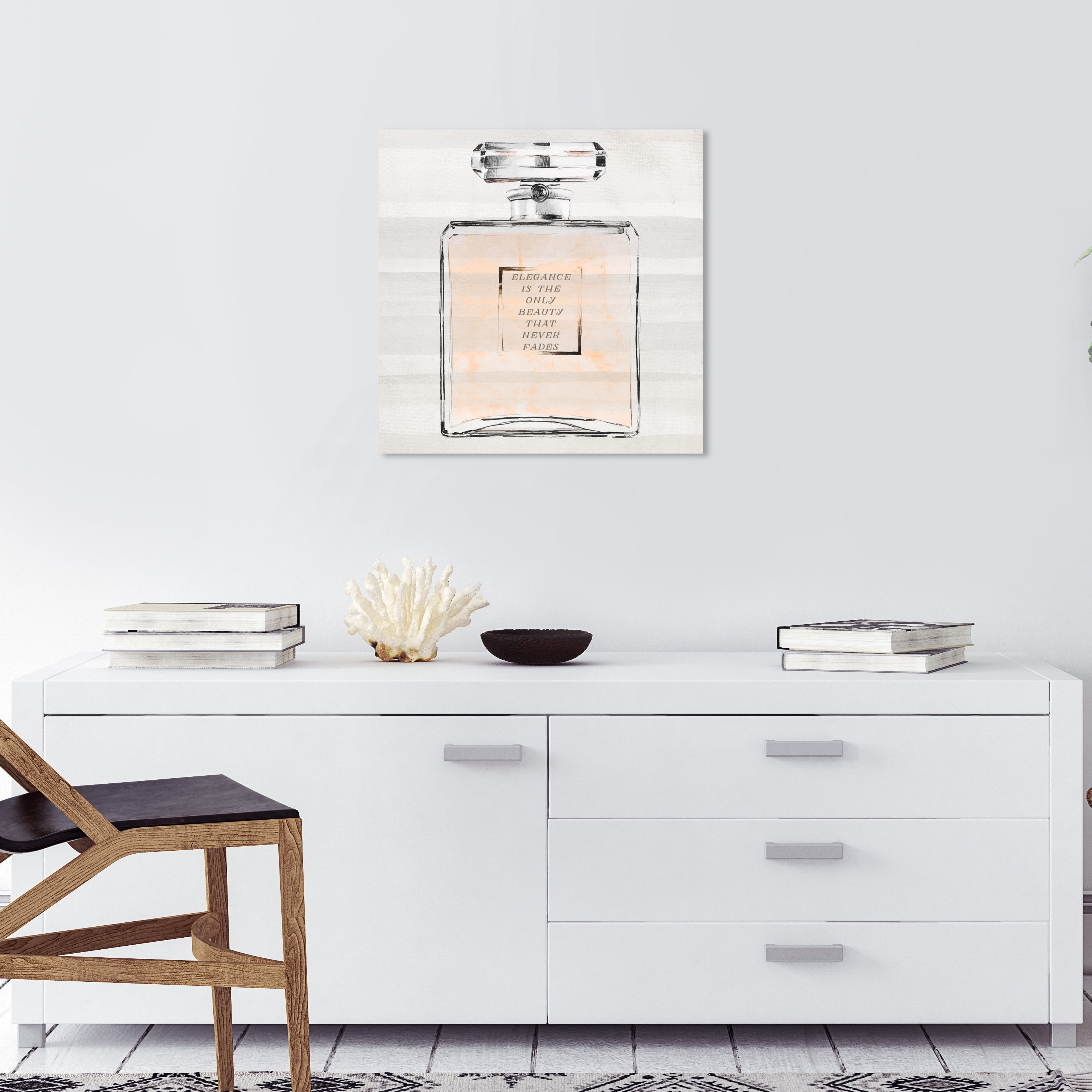 Wynwood Studio Fashion and Glam Modern Canvas Art - Elegance Perfume, Wall Art for Living Room, Bedroom, and Bathroom, 20 in x 20, Gold and White Home Decor