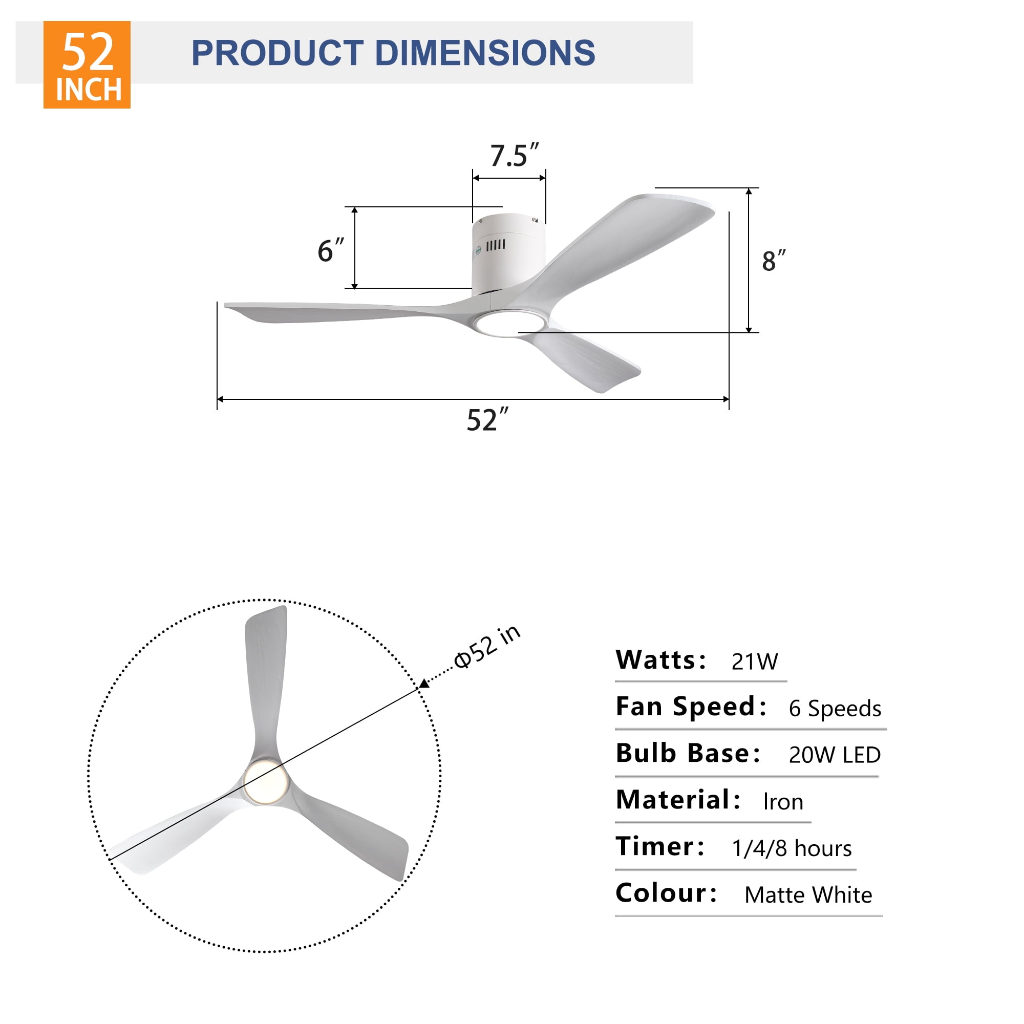 Eowynic 52-Inch Modern Ceiling Fans with Lights, 3 Wood Blades, DC Motor, 6-Speed, Remote Control, Flush Mount, White