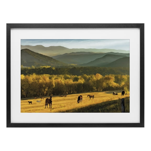 Stupell Industries Rustic Lodge Grazing Horses in Valley Black Framed Print Under Glass, 20 x 14, by Renel Peters