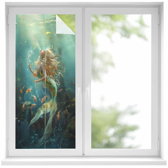 Mermaid Window Privacy Film Ocean Fish Decorative Glass Window Film UV Blocking Static Cling Non-Adhesive Sticker Covering for Home Door 19.6 x 39.3 inches