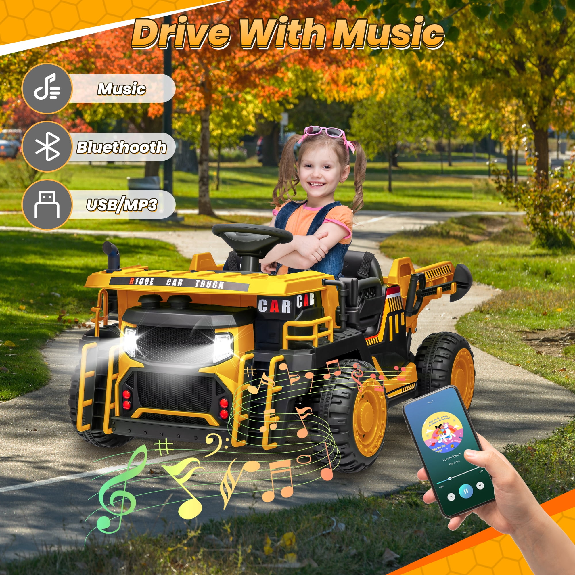 Funride 24V Ride on Toys 2 Seater Ride on Dump Truck w/ Remote Control w/ Dump Bed, 3 Speeds, Shovel, Bluetooth/Music, Big Kids, Yellow