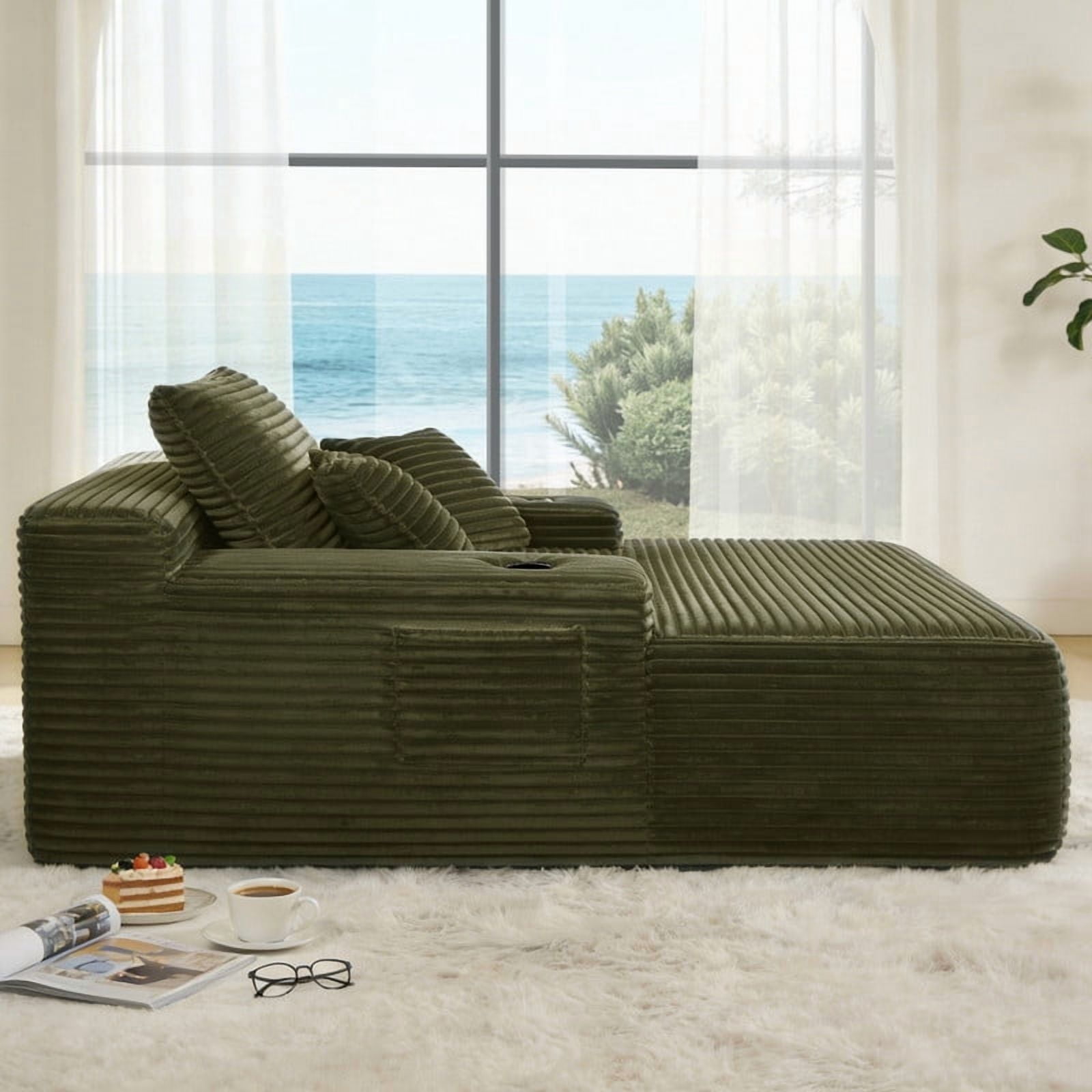 No-Assembly Chaise Lounge Armchair with Throw Pillows, Boneless Single Sleeper Sofa Bed with Cup Holder & Storage Pocket
