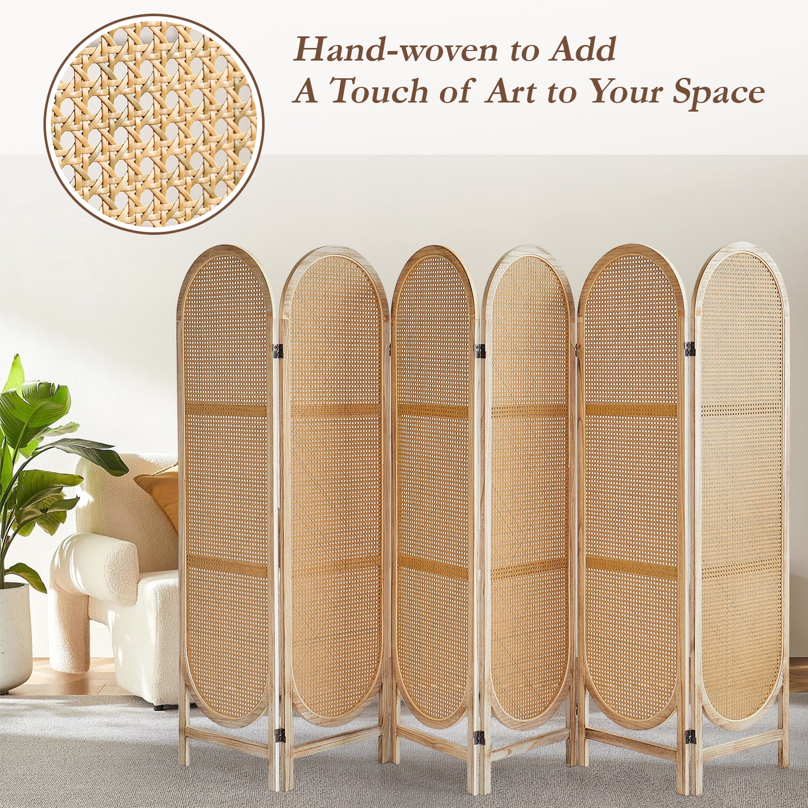 ALeesing 6 Panels Wood Rattan Room Divider, Folding Privacy Screens, No Installation, Light Brown