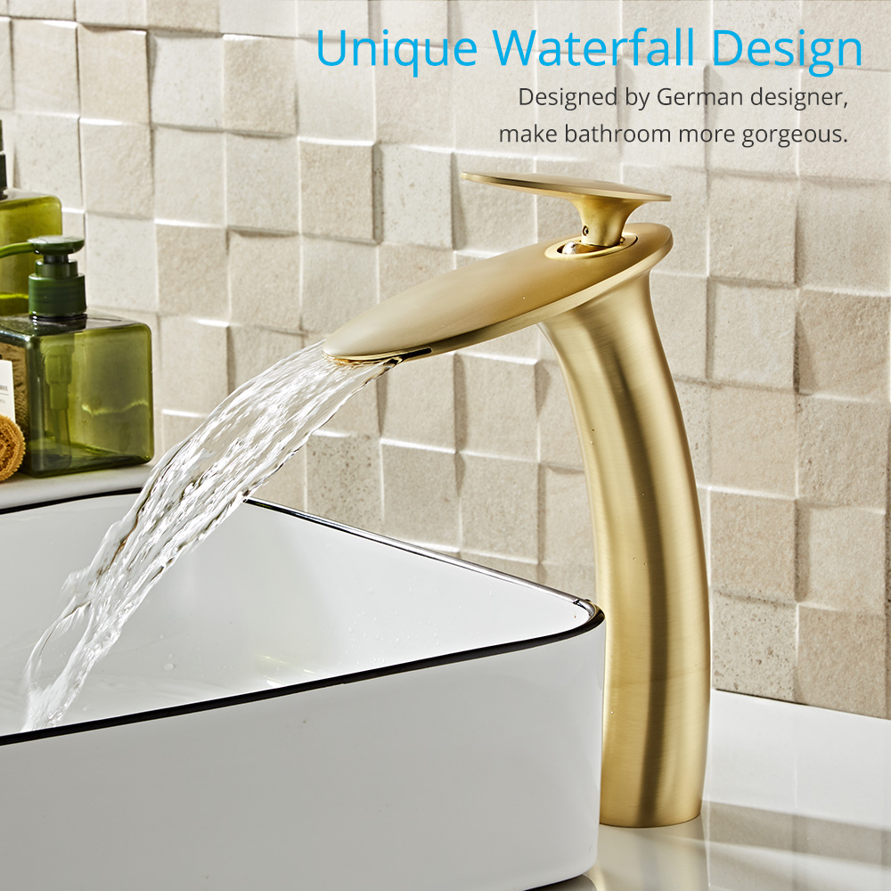 Wovier Matte Gold Waterfall Bathroom Sink Faucet with Supply Hose,Single Handle Single Hole Vessel Lavatory Faucet,Slanted Body Basin Mixer Tap Tall Body