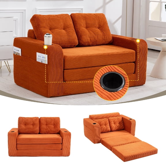 Convertible Expandable double Sofa Couch Bed with Built-in Cup Holder and Side Pockets 2 in 1 Convertible Sofa Couch Bed with Pillows for Living Room, Apartmen, No Assembly Required, Gray, Orange
