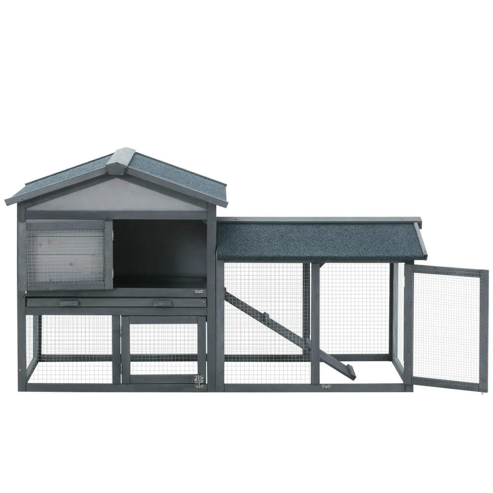 Barara King Large Rabbit Coop, Rabbit Coop, Outdoor Rabbit House,58" Large Rabbit Hutch Outdoor Indoor with Run, Removable Tray, Asphalt Roof, Lockable Doors and Ramp, Dark Gray