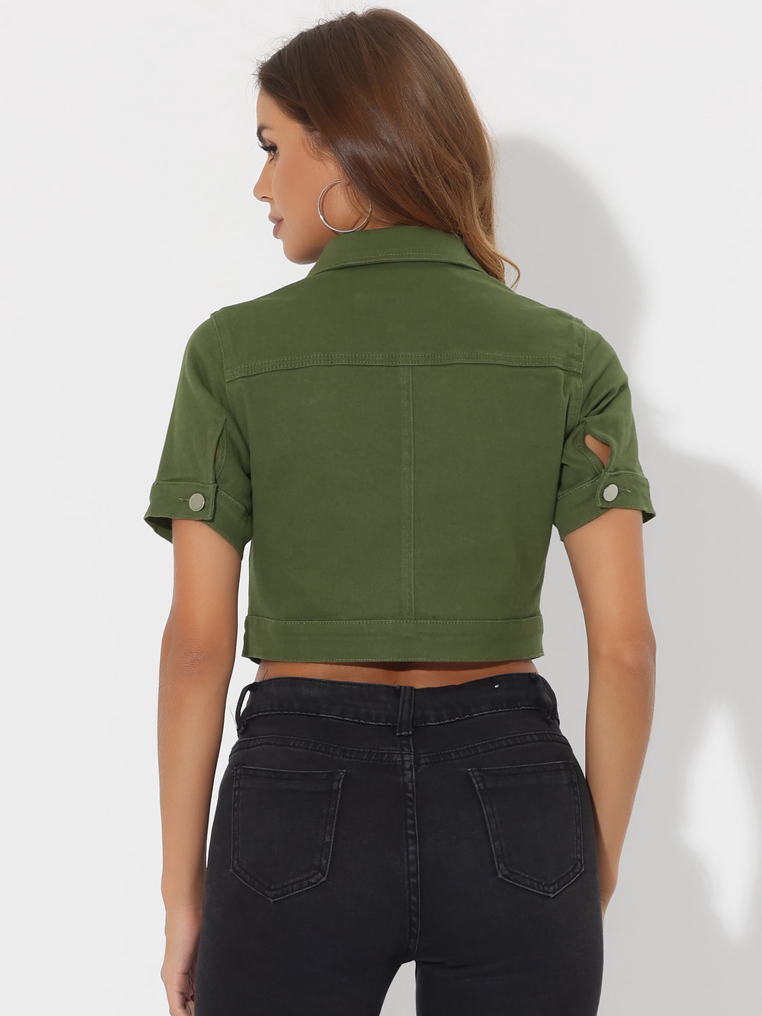 DARING DIVA Women's Short Sleeves Crop Button Down Denim Jacket XL Green
