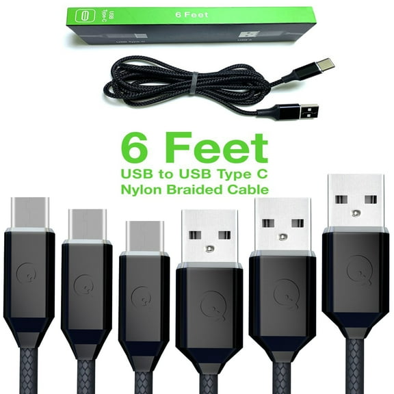 Soft Nylon Braided USB Type-C to USB-A Male USB Charger Cables - 6 Feet, Black ( 3 Pack)
