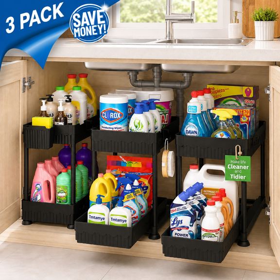 Tmtamye Under Sink Organizer, Adjustable 2-Tier, 3-Pack, Pull-Out Drawer, Black
