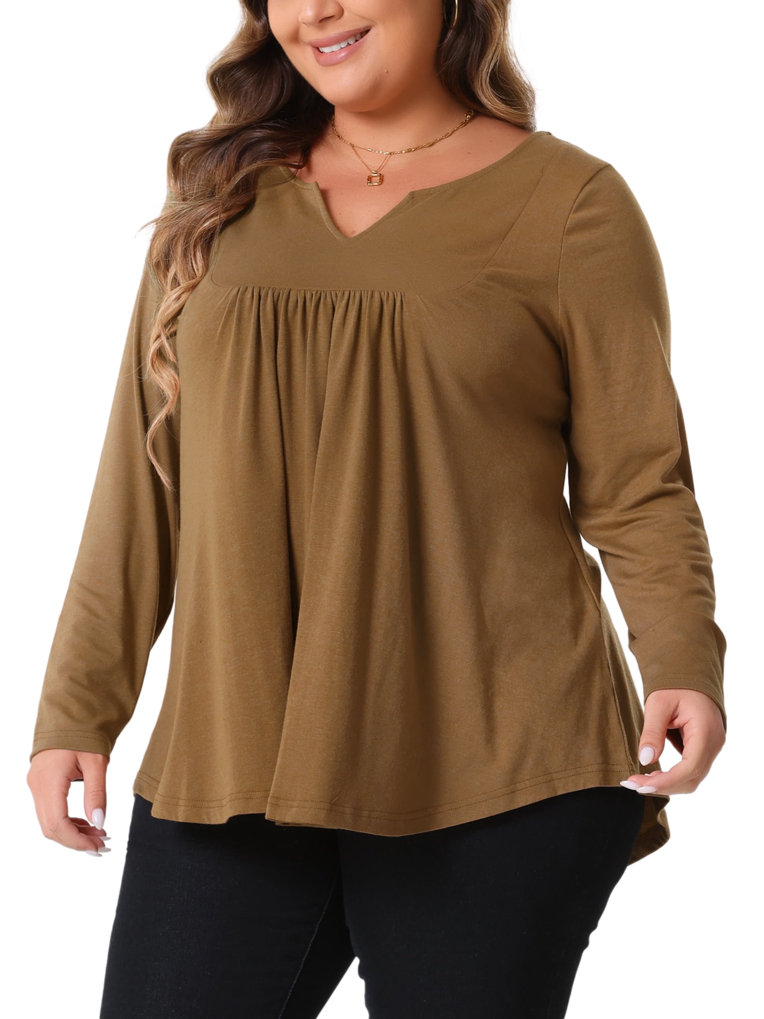 DARING DIVA Women's Plus Tops Notched Neck Front Pleated T-Shirt Blouses 1X Brown